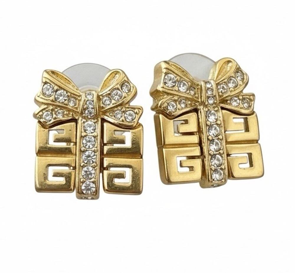 Vtg Givenchy G Logo Gift Box Earrings Rhinestone Bow Gold Tone Signed